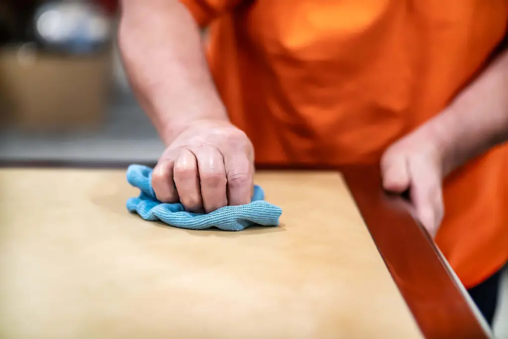 A CRS employee wiping a surface