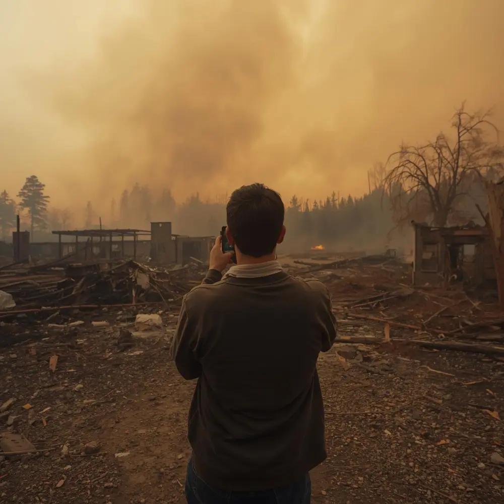 A person taking a photo of their destroyed home