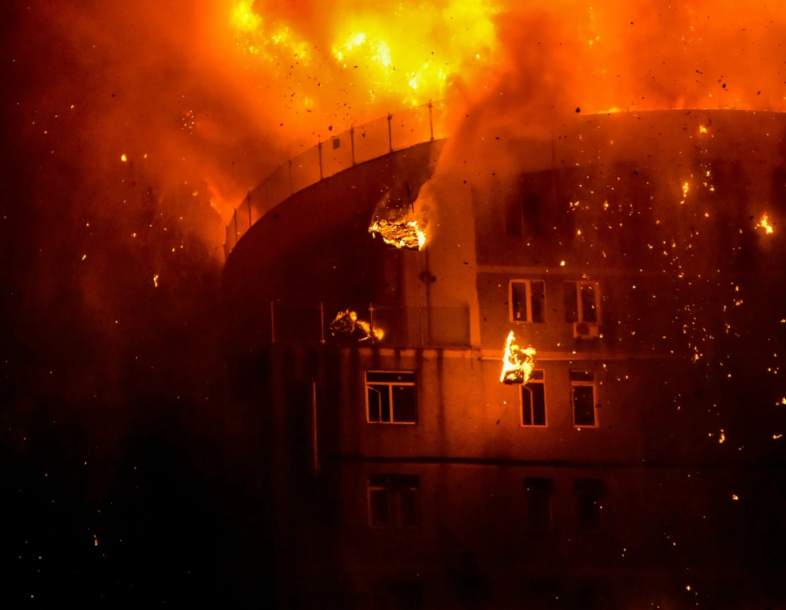 A commercial building on fire requiring a commercial content packout