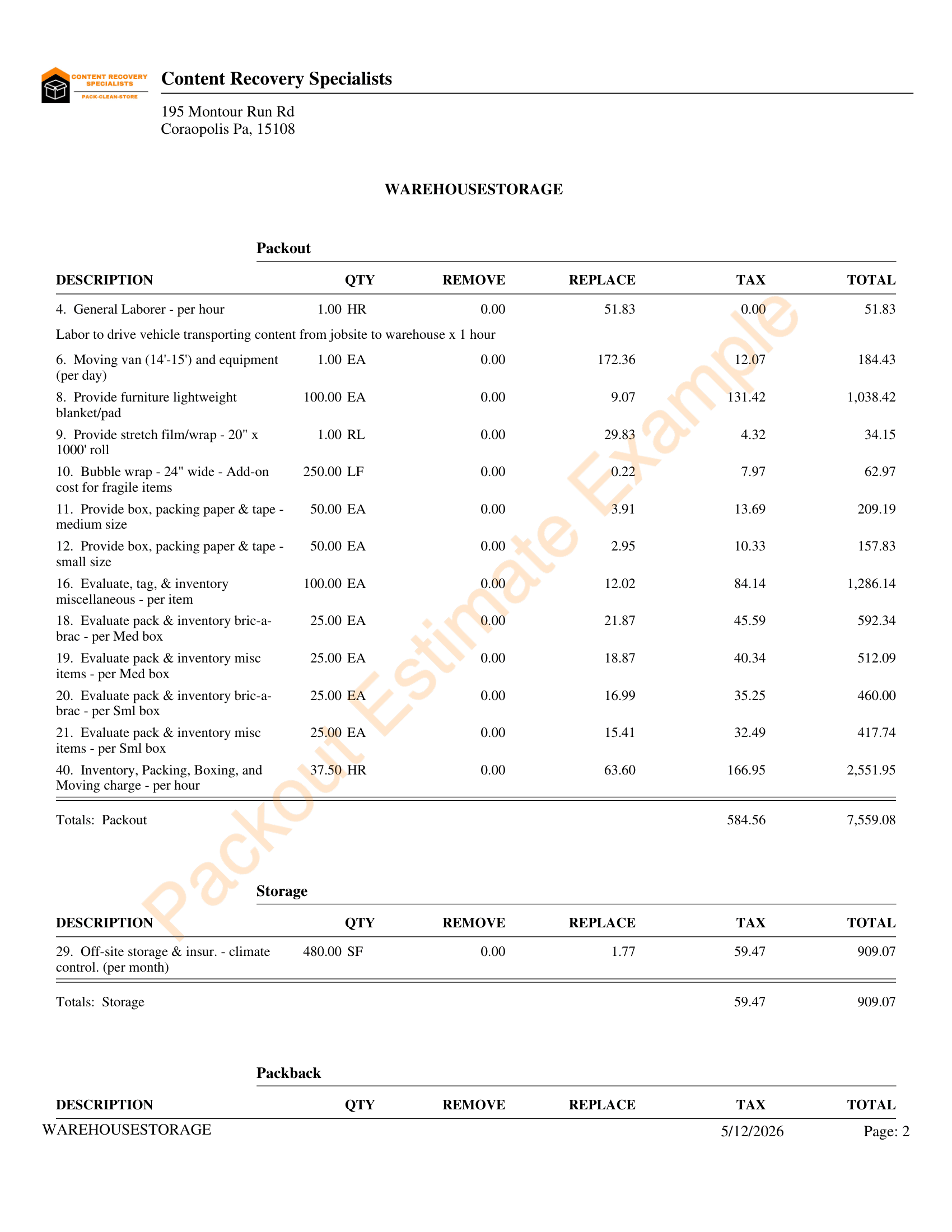 A packout estimate from Content Recovery Specialists