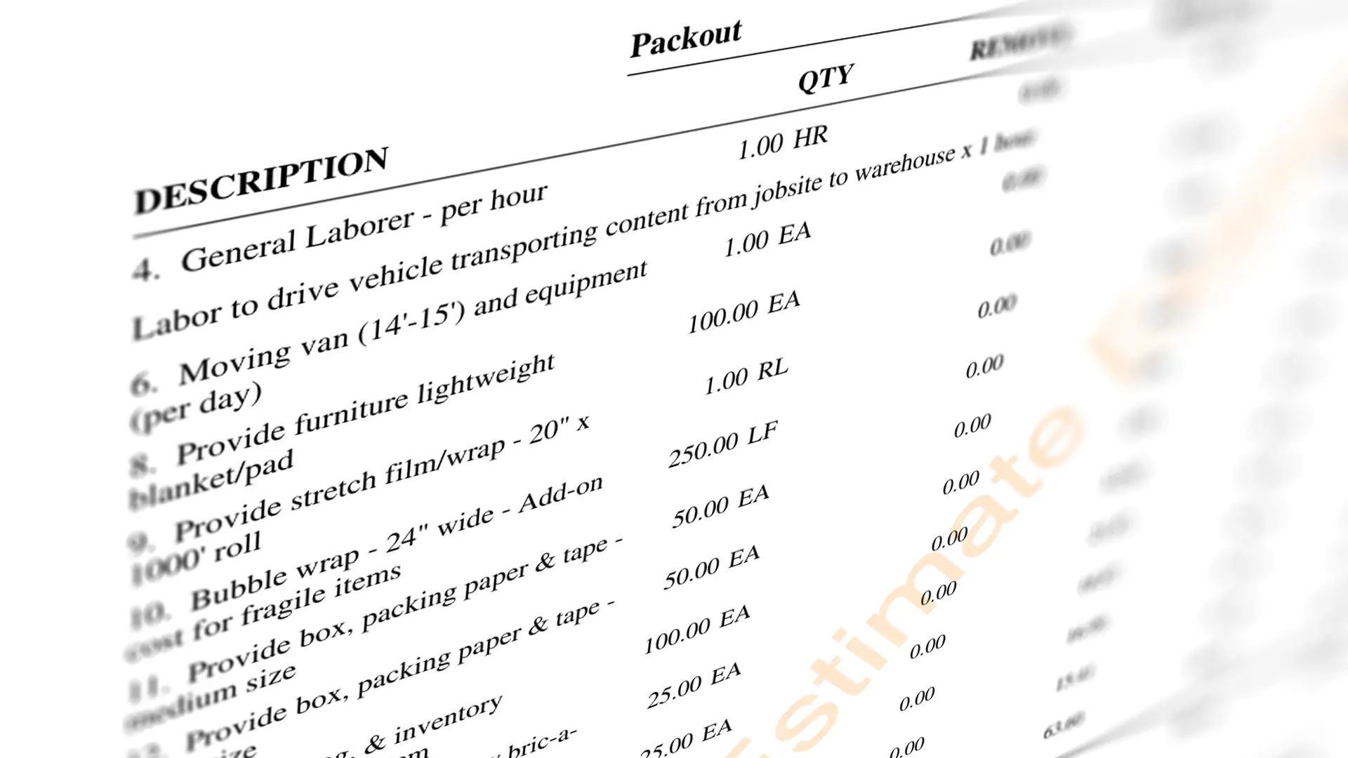 A packout estimate example from Content Recovery Specialaists