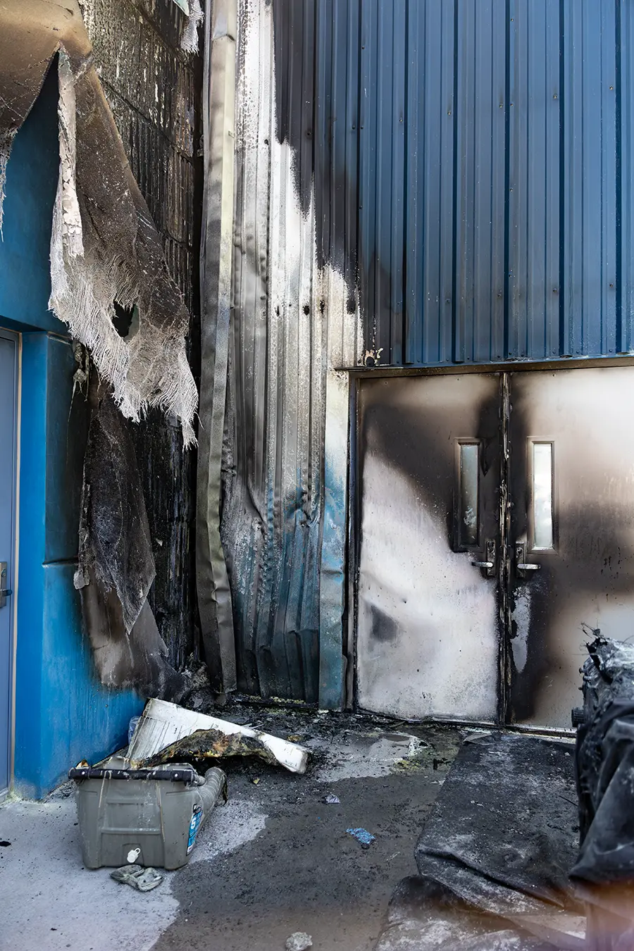 The exterior of a fire damaged building